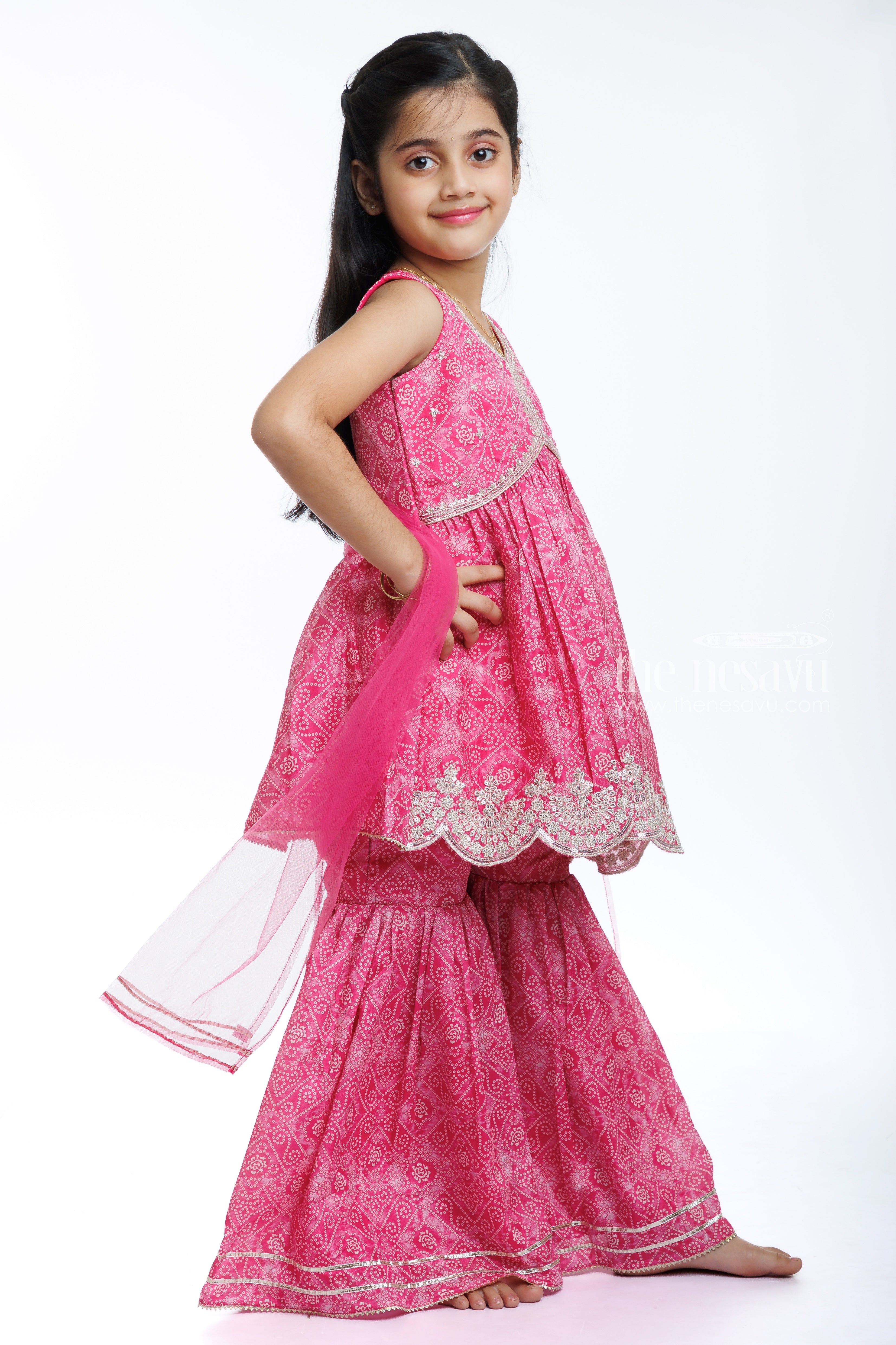 Buy Girls Pink Bandhani Print Kurti Palazzo Set Sparkle in Style The Nesavu The Nesavu