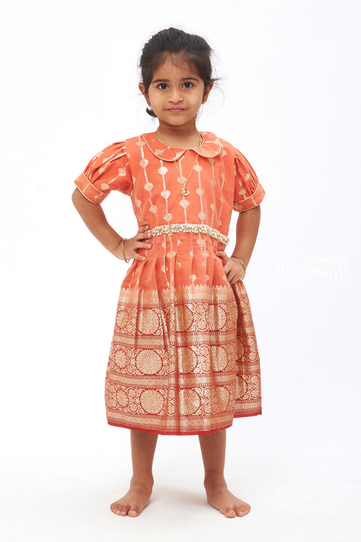 The Nesavu Silk Frock Majestic Salmon Radiance: Zari Embroidered Banarasi Border Silk Frock for Girls Nesavu 16 (1Y) / Salmon / Blend Silk SF719B-16 Pure Silk Children's Festive Outfit | Rich Silk Attire for Special Events | The Nesavu