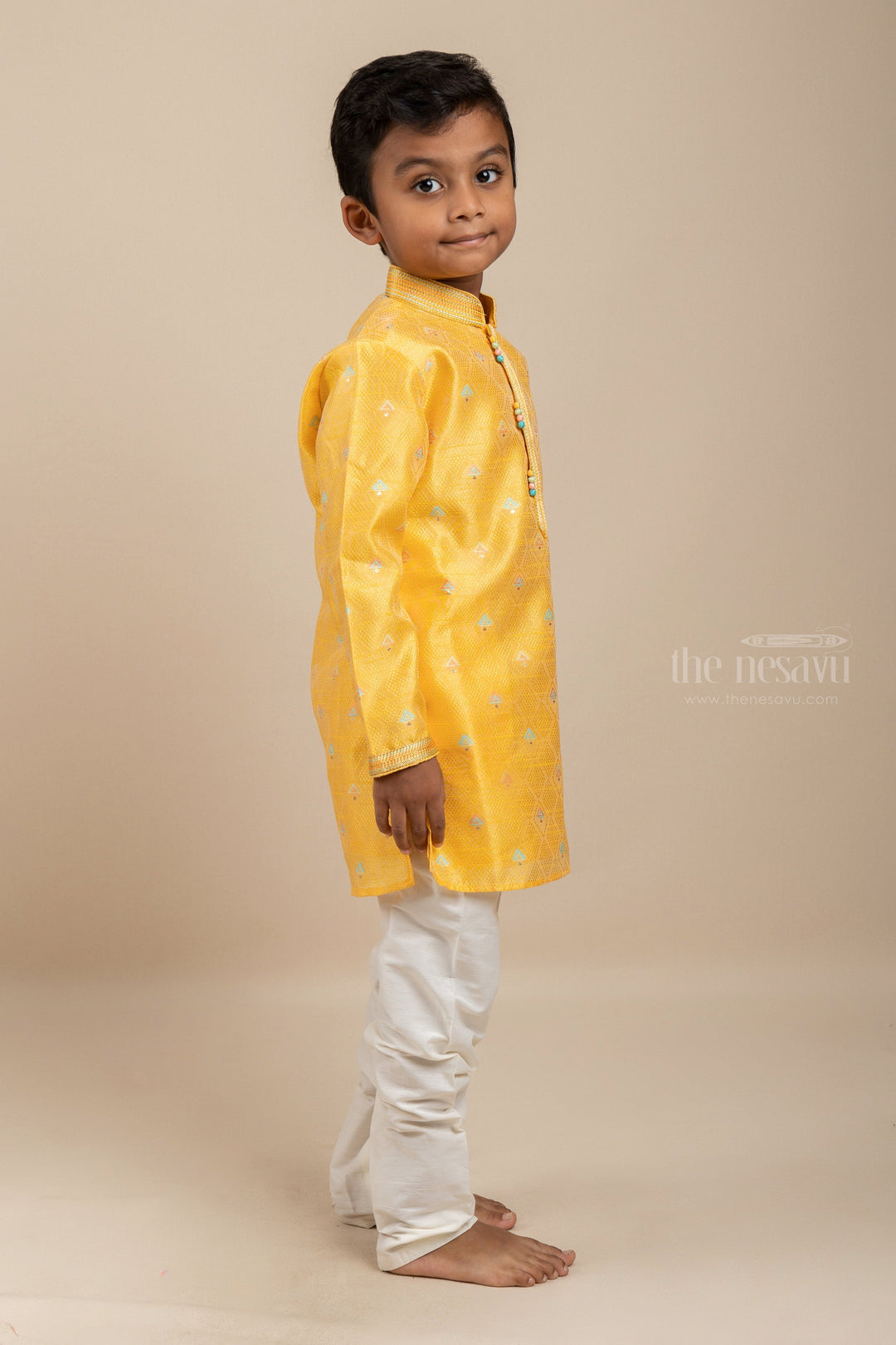 The Nesavu Ethnic Sets Mango Mood - Sweet Yellow Designer Print Kurta With White Adjustable Pants psr silks Nesavu