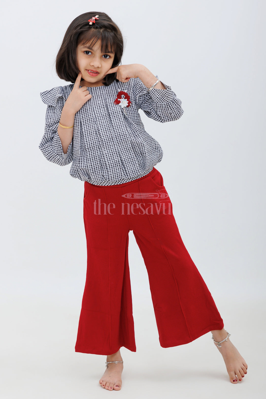 The Nesavu Girls Sharara / Plazo Set Maroon and Green Checked IndoWestern Sharara Set for Girls Nesavu 24 (5Y) / Maroon GPS385B-24 Maroon and Green Checked Indo-Western Sharara Set for Girls - Nesavu