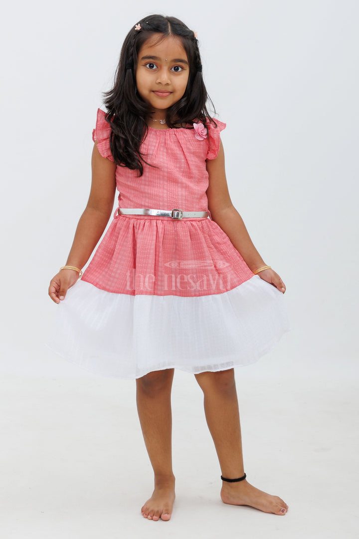 The Nesavu Girls Fancy Frock Maroon and White Puff Sleeve Frock with Rose Accent Nesavu Maroon and White Puff Sleeve Frock with Rose Accent - Nesavu