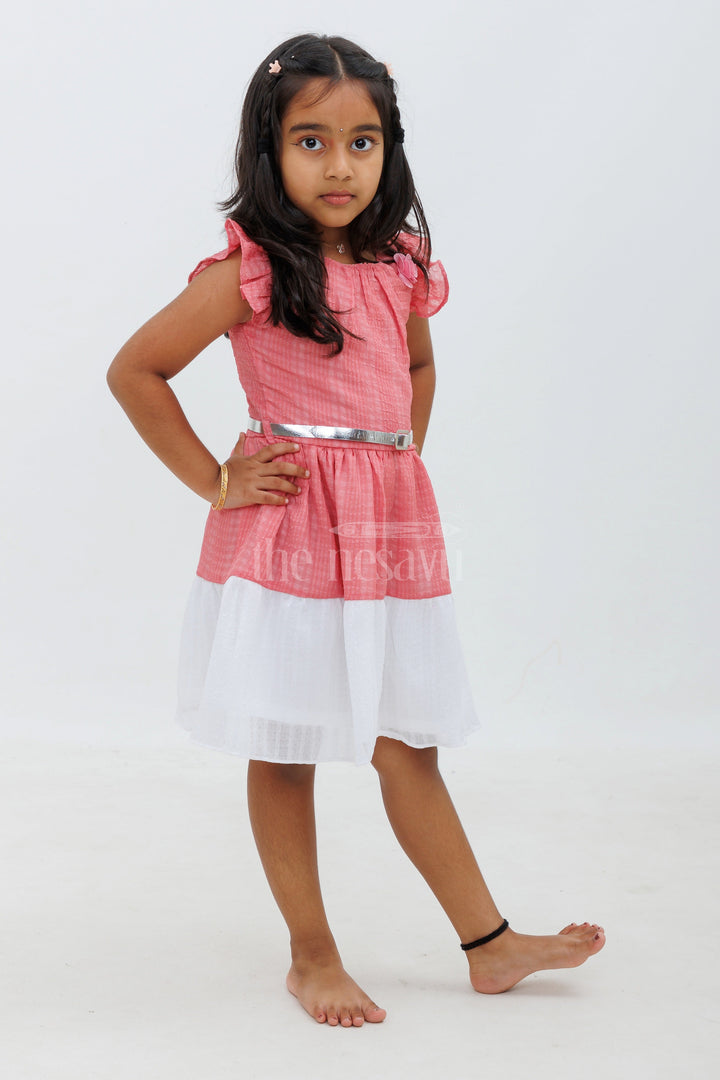 The Nesavu Girls Fancy Frock Maroon and White Puff Sleeve Frock with Rose Accent Nesavu Maroon and White Puff Sleeve Frock with Rose Accent - Nesavu