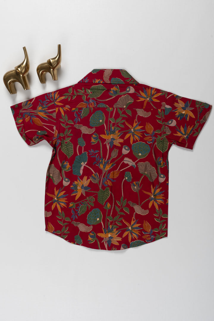 The Nesavu Boys Cotton Shirt Maroon Floral Design Shirt - Perfect for Casual and Beach Wear Nesavu Maroon Floral Design Shirt - Casual & Beach Wear for Kids