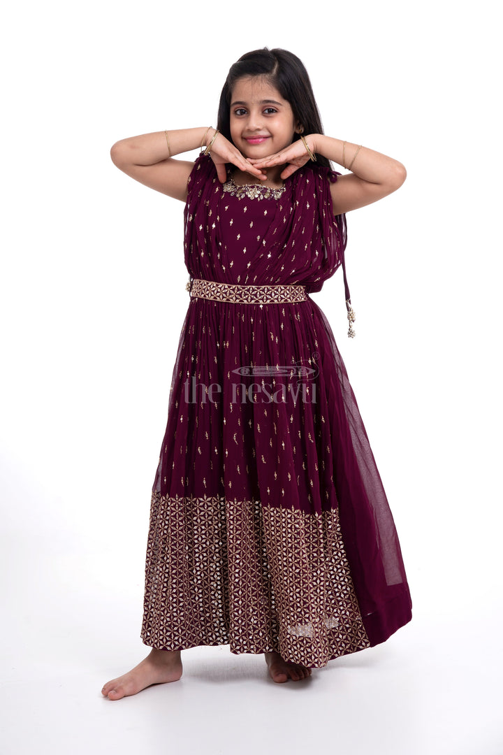 The Nesavu Girls Party Gown Maroon Georgette Embroidered Party Gown for Girls Nesavu Maroon Georgette Embroidered Party Gown for Girls - Elegant & Stylish