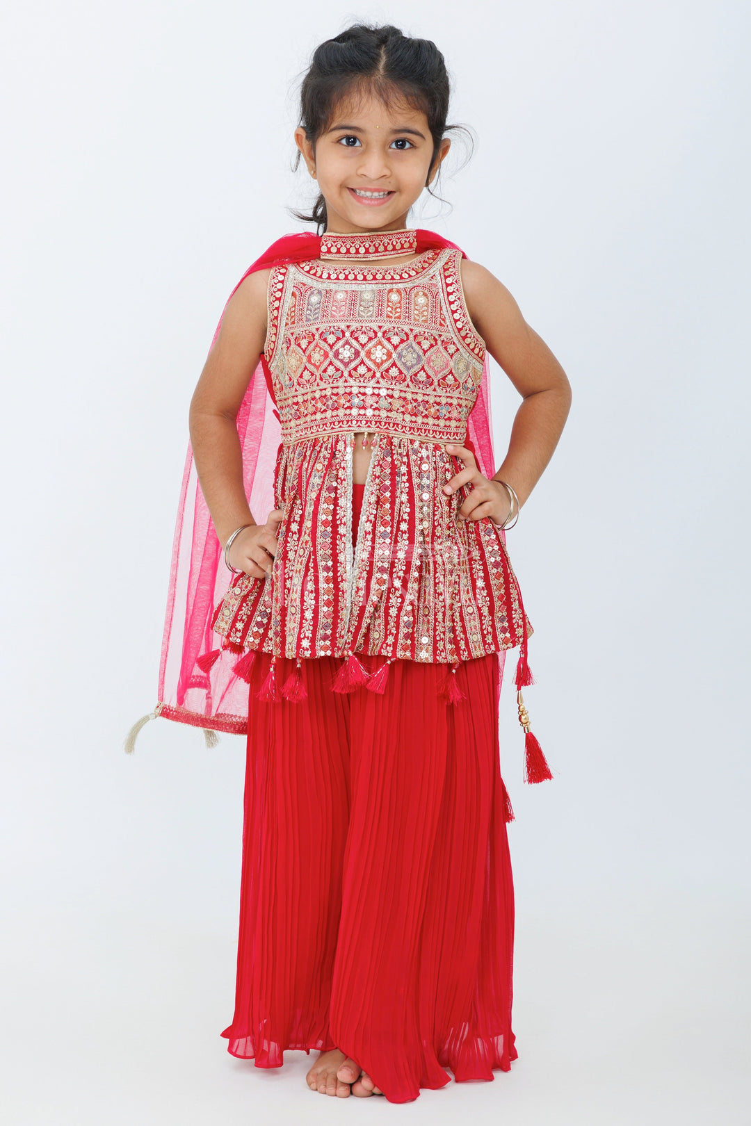 The Nesavu Girls Sharara / Plazo Set Maroon Girls Embroidered Sharara Set with Mirror-Work Sleeveless Top and Pink Dupatta Nesavu 16 (1Y) / Maroon GPS431A-16 Nesavu Maroon Sharara Set Mirror-Work Top Pink Dupatta Festive Occasions