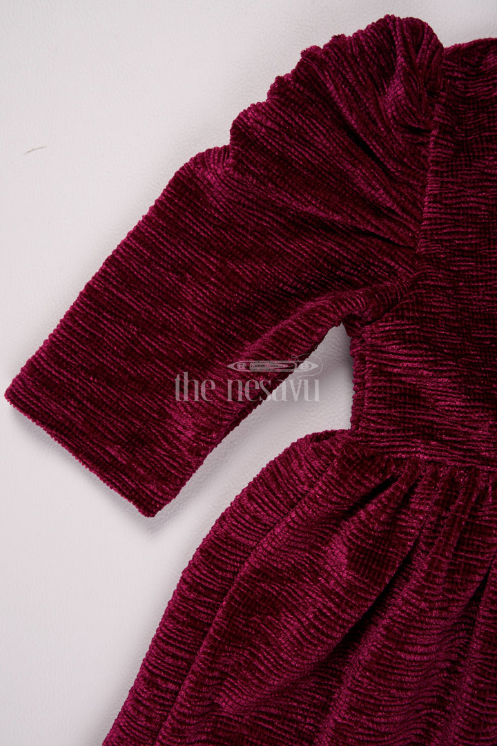 The Nesavu Baby Fancy Frock Maroon Glaze Organza Baby Fancy Frock with 3/4 Sleeves and Pleated Skirt for Girls Casual and Festive Wear Nesavu Nesavu Maroon Baby Fancy Frock Velvet Texture 34 Sleeves Girls Winter Fashion