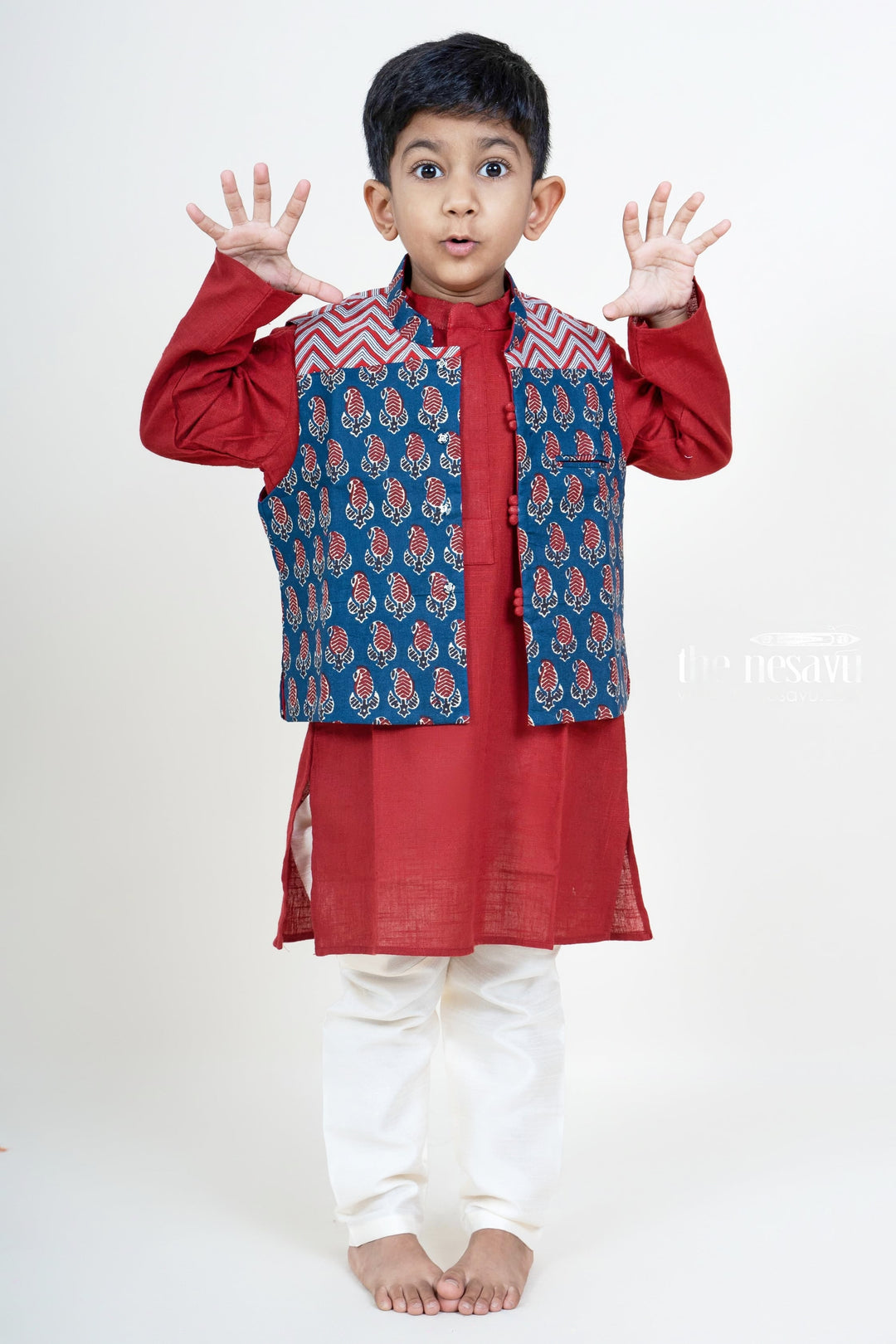 The Nesavu Boys Jacket Sets Maroon Kurta With Navy Ikkat Overcoat For Baby Boys Nesavu 16 (1Y) / Maroon / Cotton BES204-16 Shop Stylish Festive Kurta For Baby Boys | Traditional Dress Designs | The Nesavu