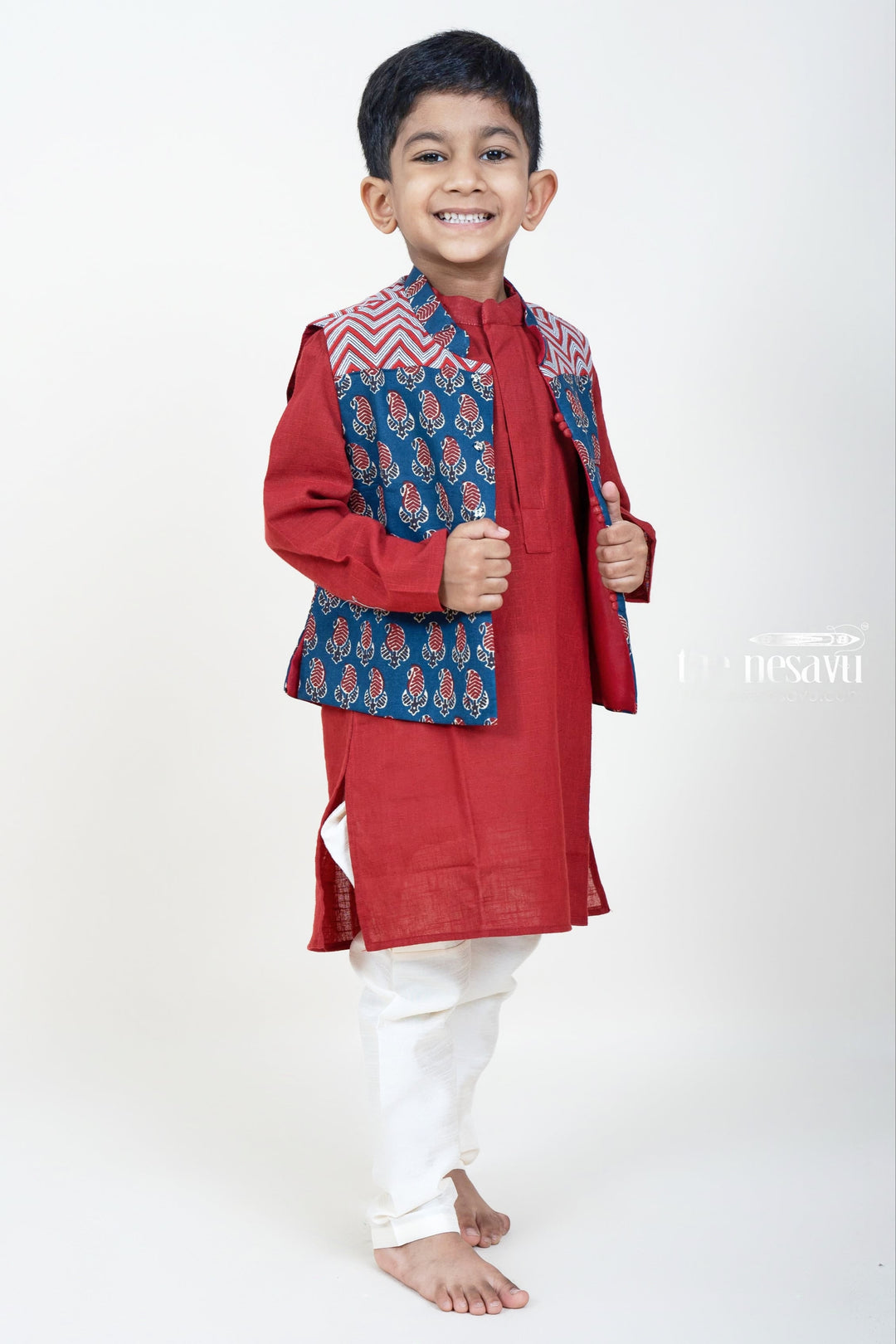 The Nesavu Boys Jacket Sets Maroon Kurta With Navy Ikkat Overcoat For Baby Boys Nesavu Shop Stylish Festive Kurta For Baby Boys | Traditional Dress Designs | The Nesavu