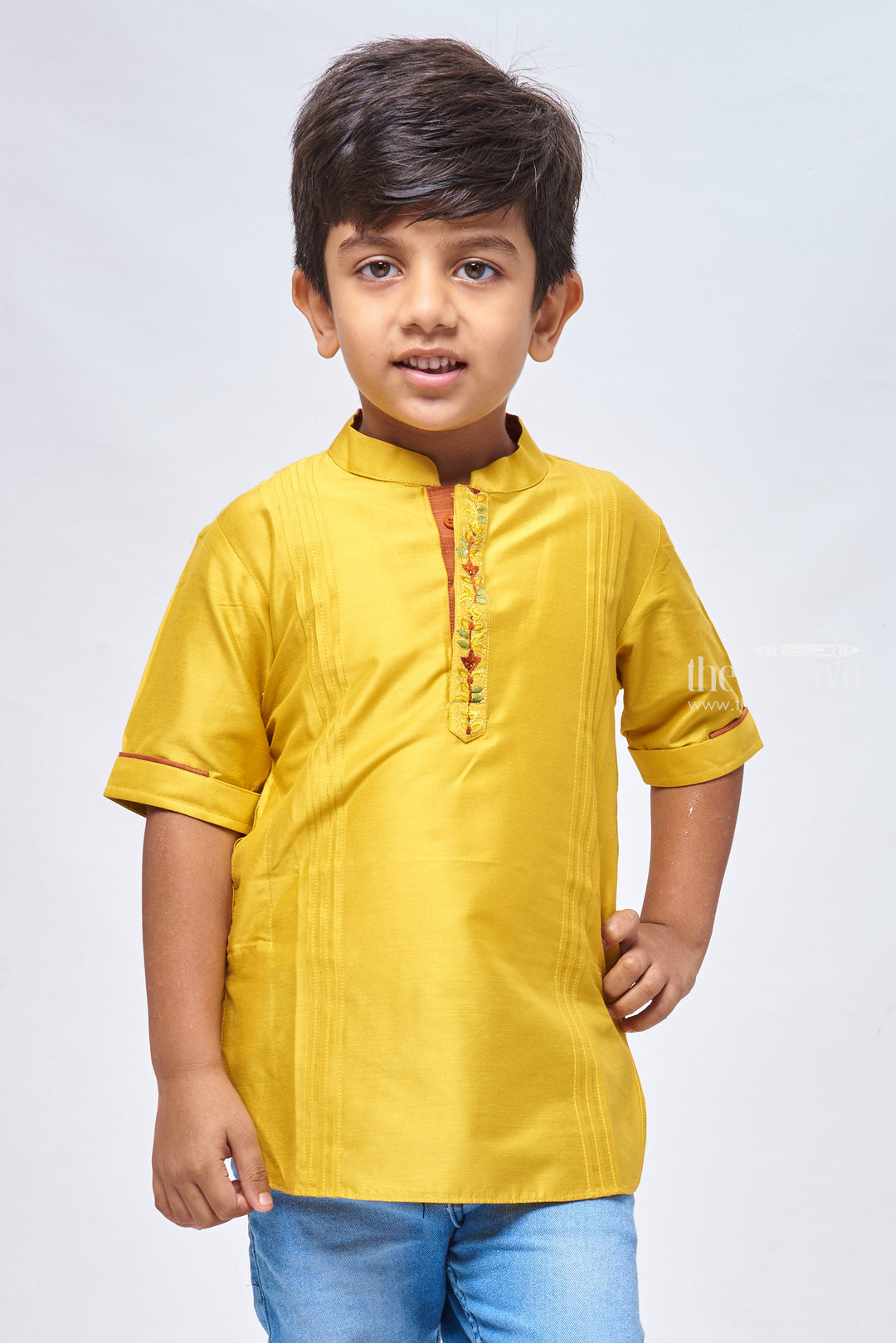 The Nesavu Boys Kurtha Shirt Matching Daddy and Son Shirts - Sunshine Bloom Vibrant Yellow Boys Shirt with Floral Embroidery Nesavu 12 (3M) / Yellow / Dupioni Silk BS092A-12 Cute Sibling Kurta Shirts | Trendy Designs for Brothers Combo Shirt | The Nesavu