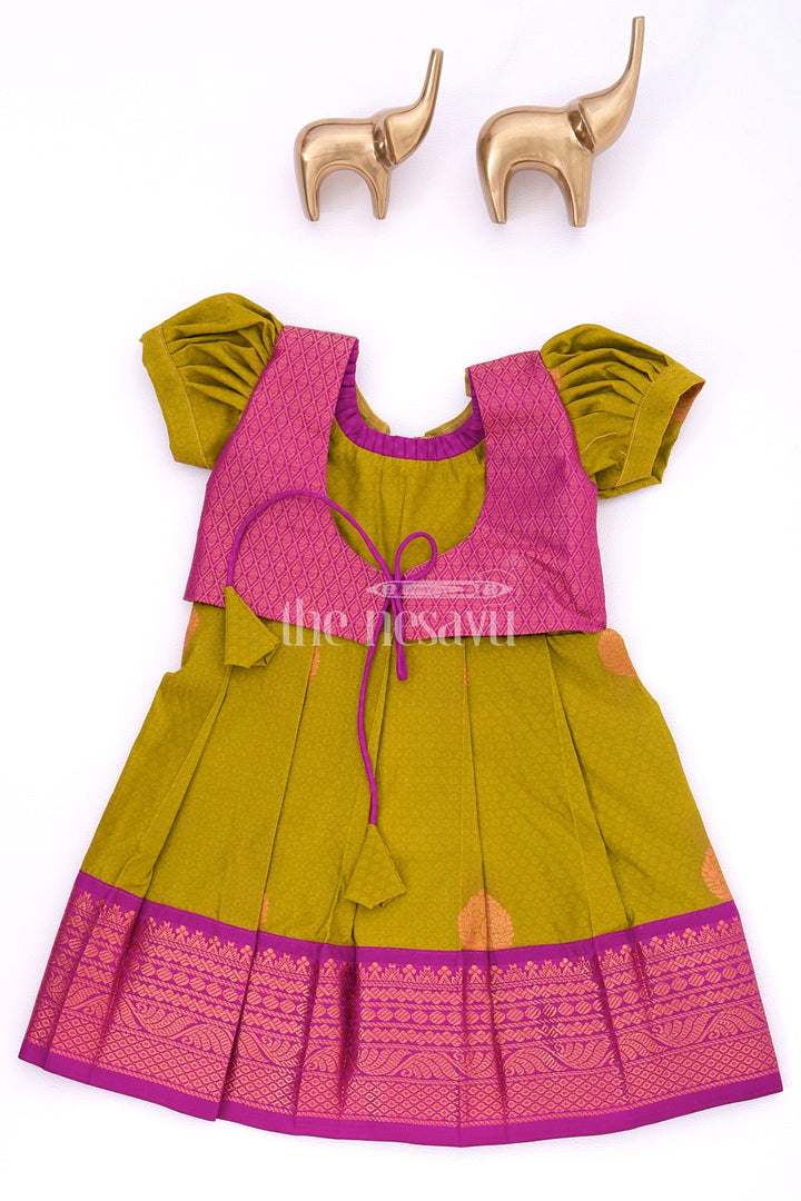 The Nesavu Girls Kanchi Silk Frock Miniature Majesty in Silk: Purple and Green Pattu Silk Frock for Girls Nesavu 14 (6M) / multicolor / Style 3 SF914C-14