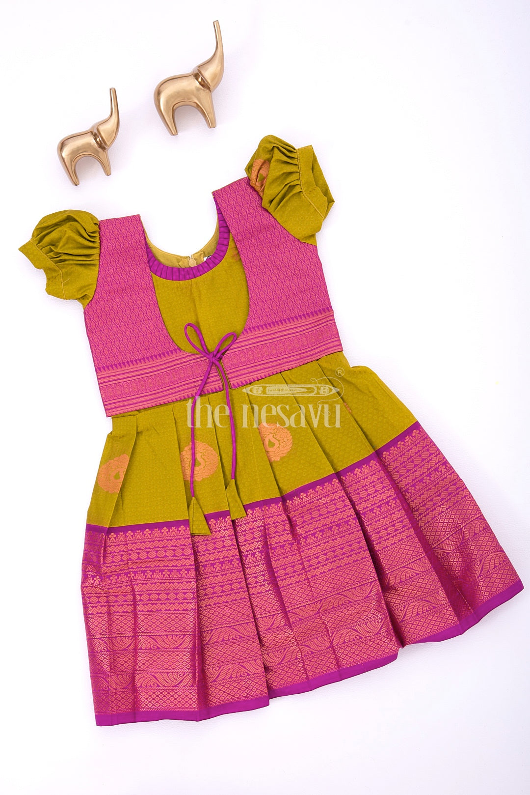 The Nesavu Girls Kanchi Silk Frock Miniature Majesty in Silk: Purple and Green Pattu Silk Frock for Girls Nesavu