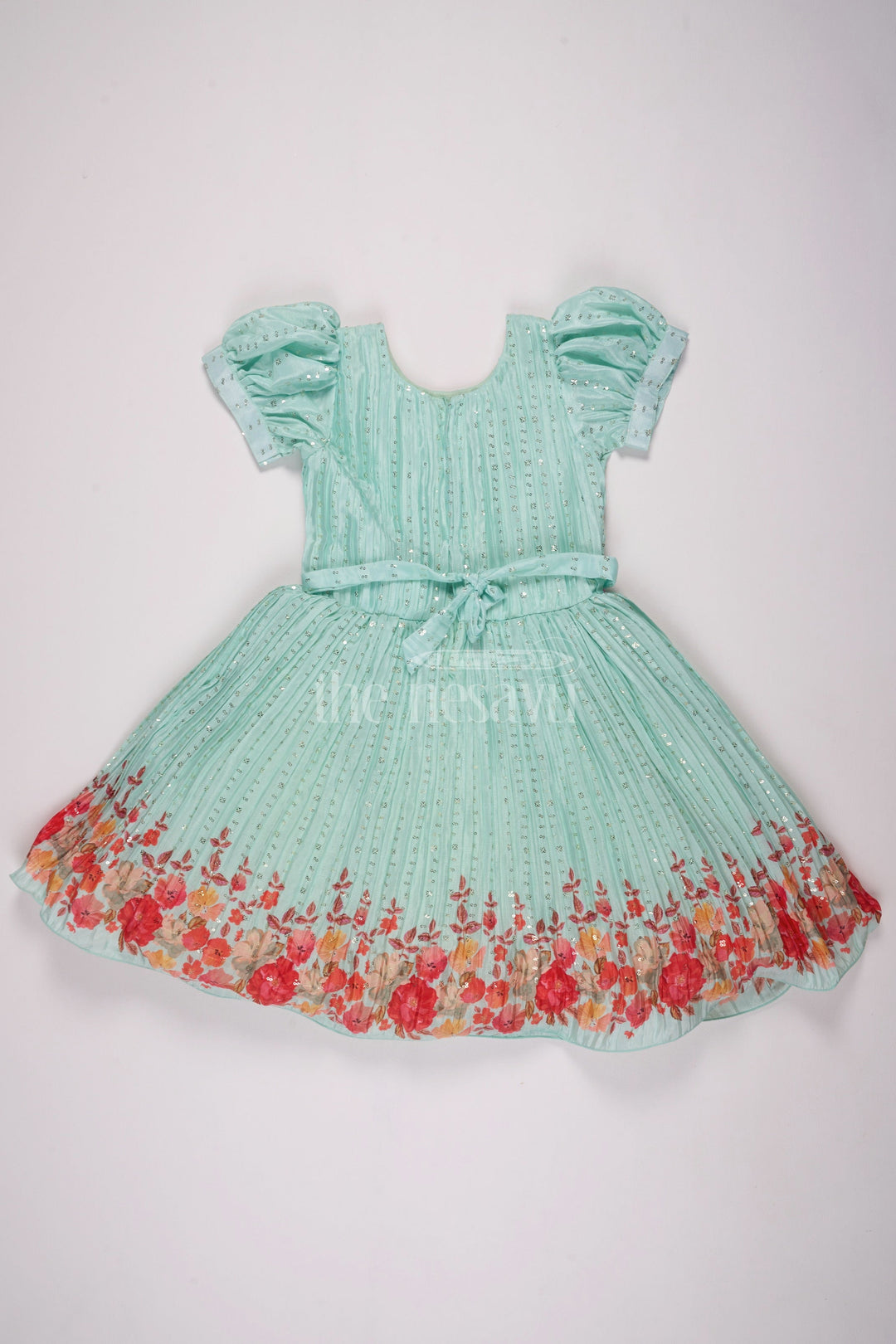 The Nesavu Silk Party Frock Mint Green Girls Fancy Frock with Floral Embellishments and Vibrant Border for Parties Nesavu Nesavu Mint Green Girls Fancy Frock Gold Embellishments Floral Border Weddings Events