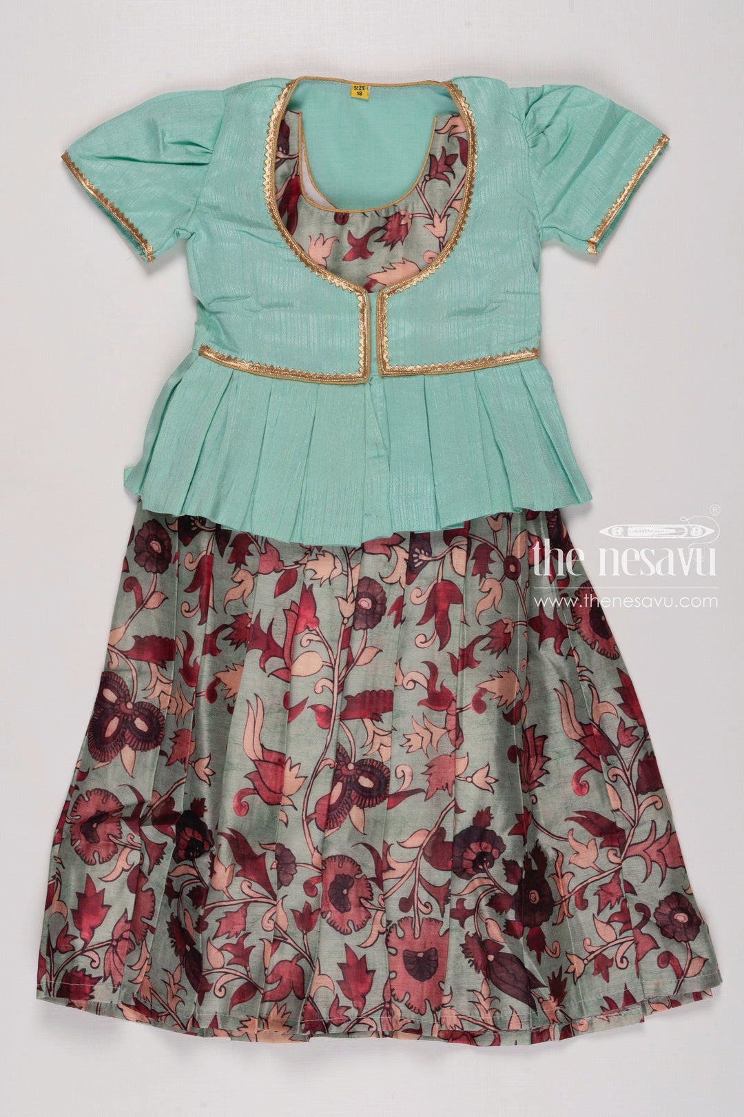 The Nesavu Girls Silk Gown Mint Meadow: Floral Peplum Dress with Pleated Detail for Girls Nesavu 16 (1Y) / Green / Chanderi GA188B-16 Girls' Mint Floral Peplum Dress | Girls Anarkali Dress | The Nesavu