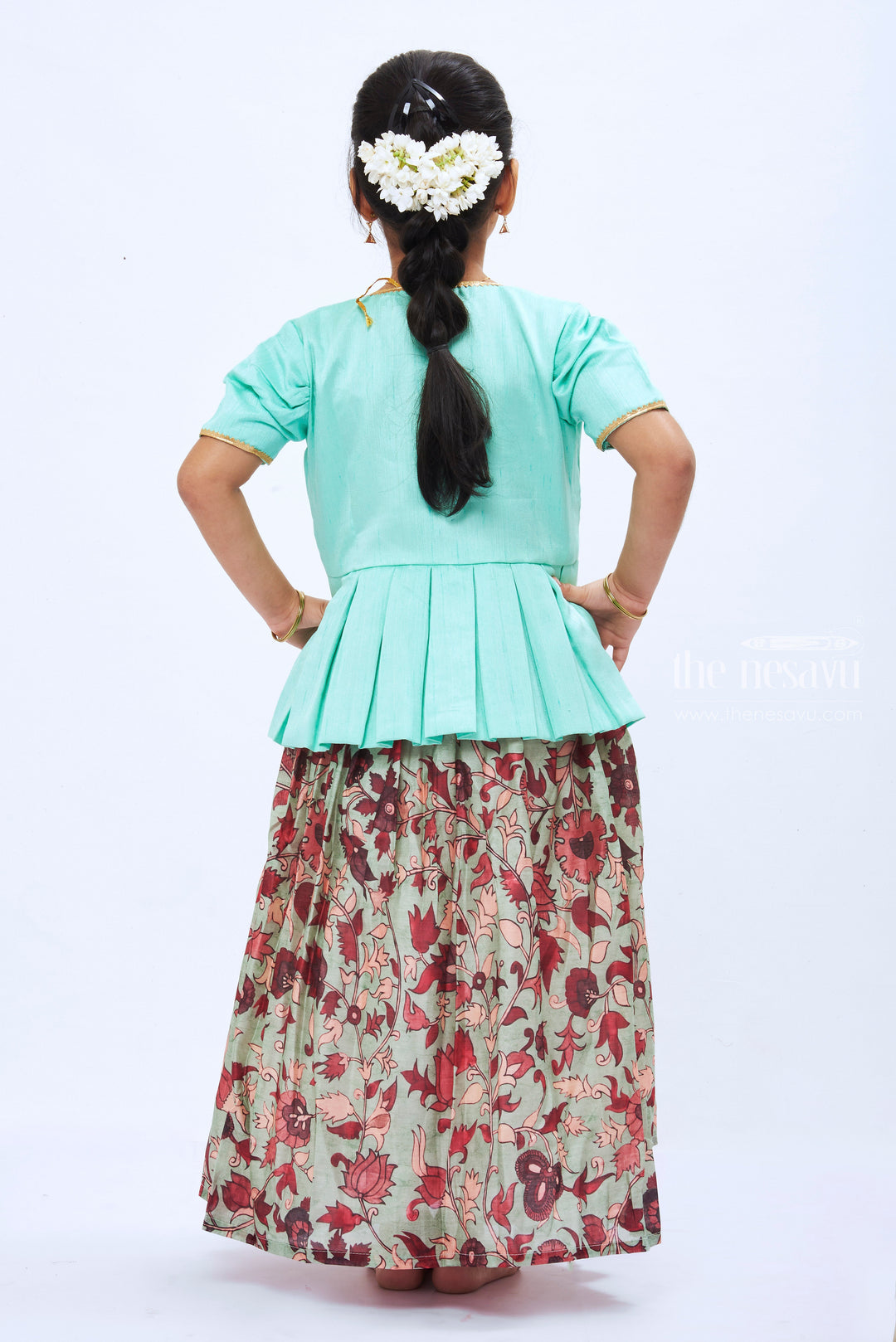 The Nesavu Girls Silk Gown Mint Meadow: Floral Peplum Dress with Pleated Detail for Girls Nesavu Girls' Mint Floral Peplum Dress | Girls Anarkali Dress | The Nesavu