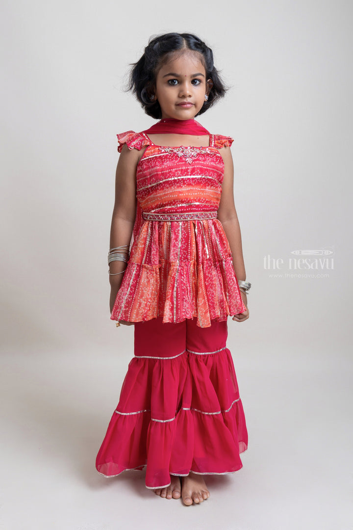 The Nesavu Girls Sharara / Plazo Set Modern Orange-red Floral glass Embroidery Tunic Tops And Hot Pink Sharara Set For Girls Nesavu 16 (1Y) / Red GPS124-16 Stylish Girls Dresses Online | High Quality Palazzo Suit | The Nesavu