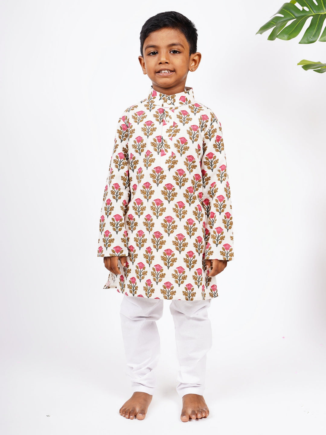 The Nesavu Boys Kurtha Set Mugal Floral Block Printed Boys Kurta Set with White Pant Nesavu 16 (1Y) / Pink BES64-16 Stylish Party Wear Kurta For Boys | Designer Ethnics | The Nesavu