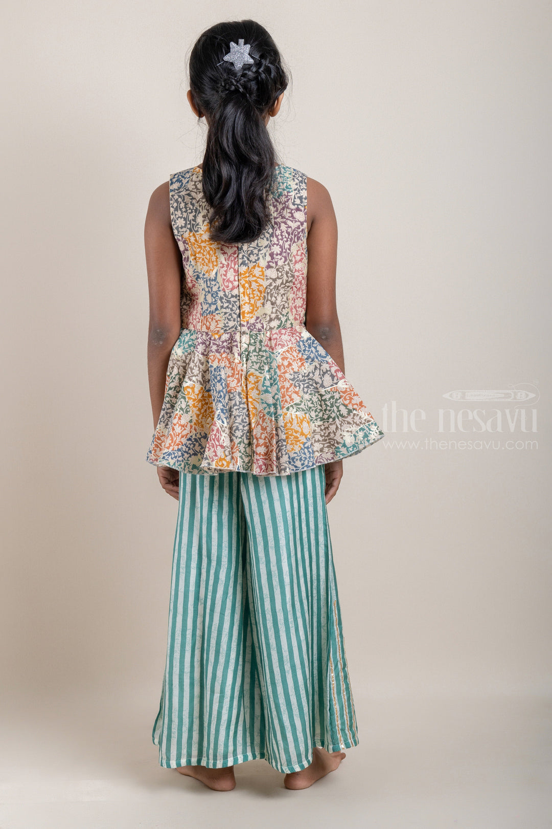 The Nesavu Girls Sharara / Plazo Set Multi-Colour Floral Printed Peplum Pattern Kurti with Green Striped Palazzo Pant for Girls Nesavu Shop Multi-Colour Floral Printed Peplum Pattern Kurti with Green Striped Palazzo Pant for Girls | Designer Ethnic Wear | The Nesavu