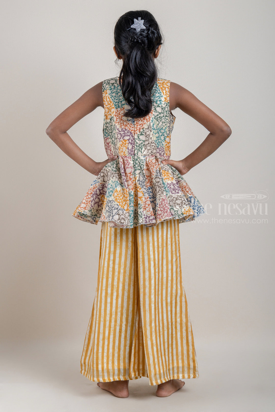 The Nesavu Girls Sharara / Plazo Set Multi-Colour Floral Printed Peplum Pattern Kurti with Yellow Striped Palazzo Pant for Girls Nesavu Shop Multi-Colour Floral Printed Peplum Pattern Kurti with Yellow Striped Palazzo Pant for Girls | Designer Ethnic Wear | The Nesavu