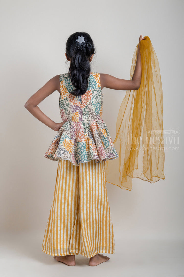 The Nesavu Girls Sharara / Plazo Set Multi-Colour Floral Printed Peplum Pattern Kurti with Yellow Striped Palazzo Pant for Girls Nesavu Shop Multi-Colour Floral Printed Peplum Pattern Kurti with Yellow Striped Palazzo Pant for Girls | Designer Ethnic Wear | The Nesavu