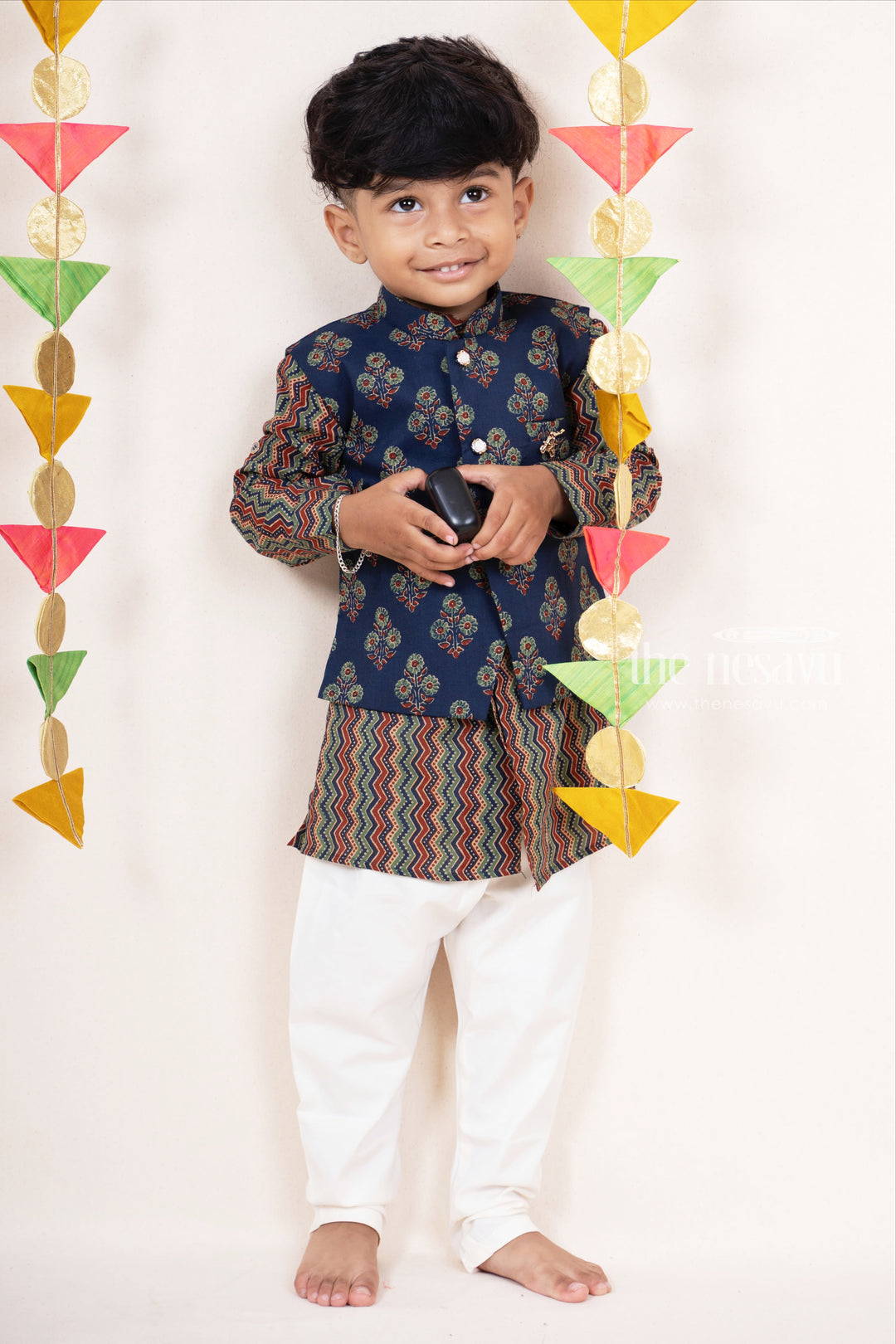 Multicolour Cotton Kurta With Blue Overcoat For Boys