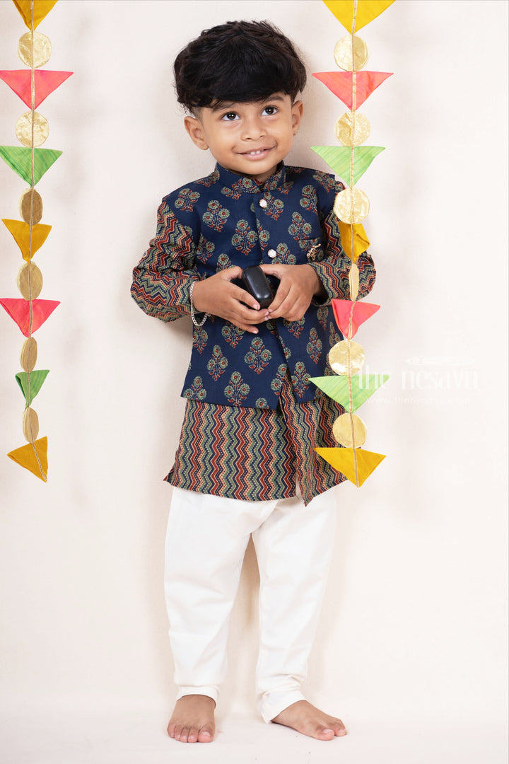 Multicolour Cotton Kurta With Blue Overcoat For Boys