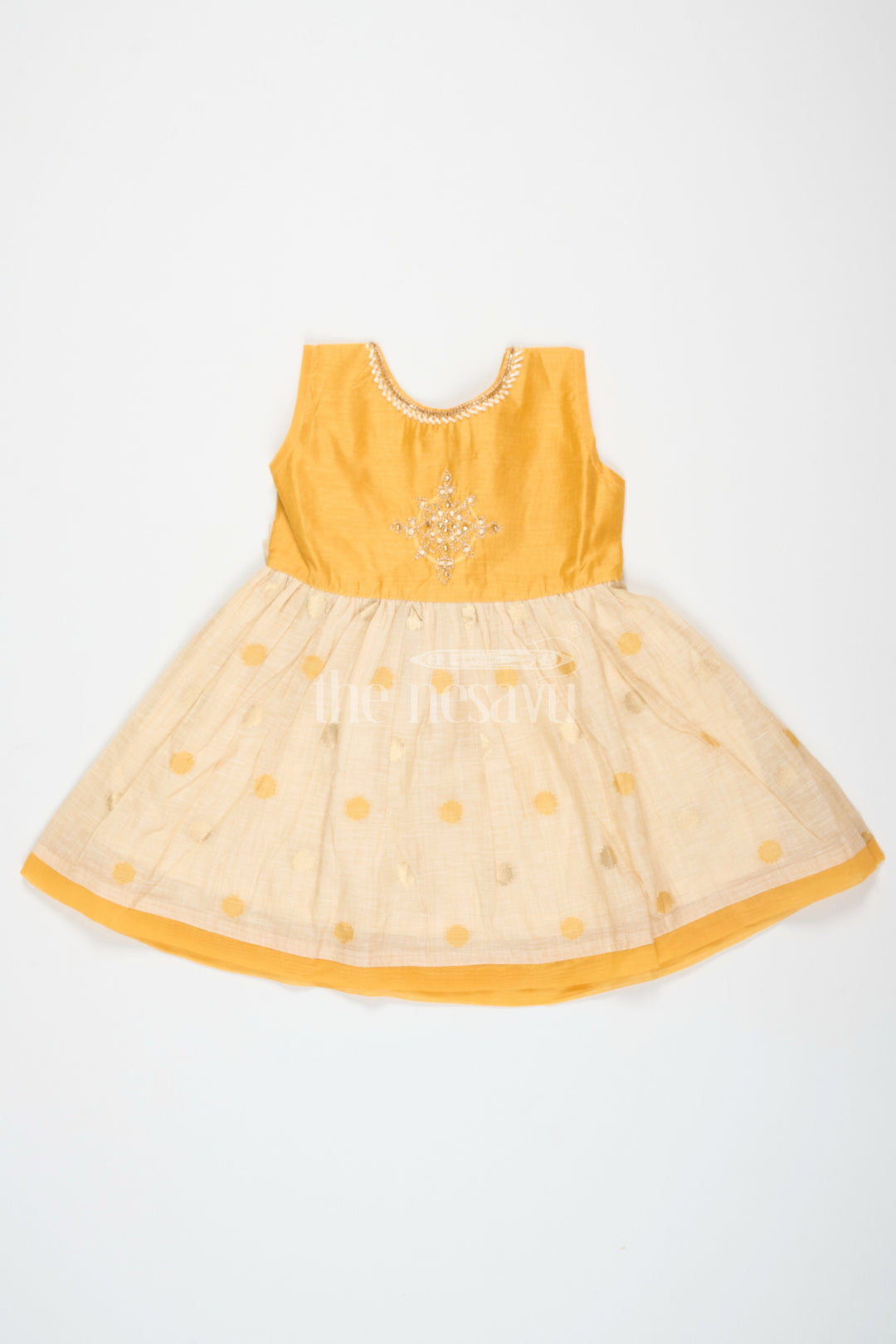 The Nesavu Girls Cotton Frock Mustard and Beige Chanderi Cotton Frock for Girls with Silver Beadwork and Polka Dot Details Nesavu 16 (1Y) / Mustard GFC1430B-16 Nesavu Girls Mustard Beige Chanderi Cotton Frock Silver Beadwork Polka Dot Skirt