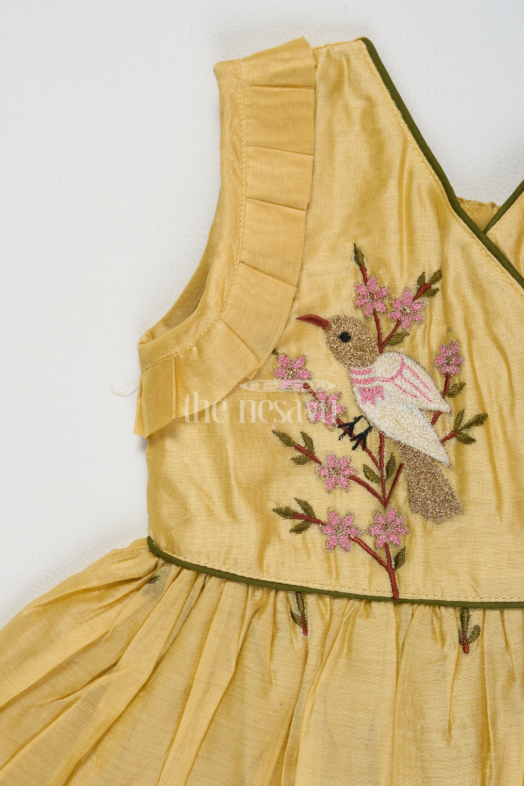 The Nesavu Girls Cotton Frock Mustard Chanderi Cotton Frock for Girls with Bird Embroidery – Festive and Casual Dress Nesavu Mustard Chanderi Cotton Frock Girls Bird Embroidery Perfect Festive Events Nesavu