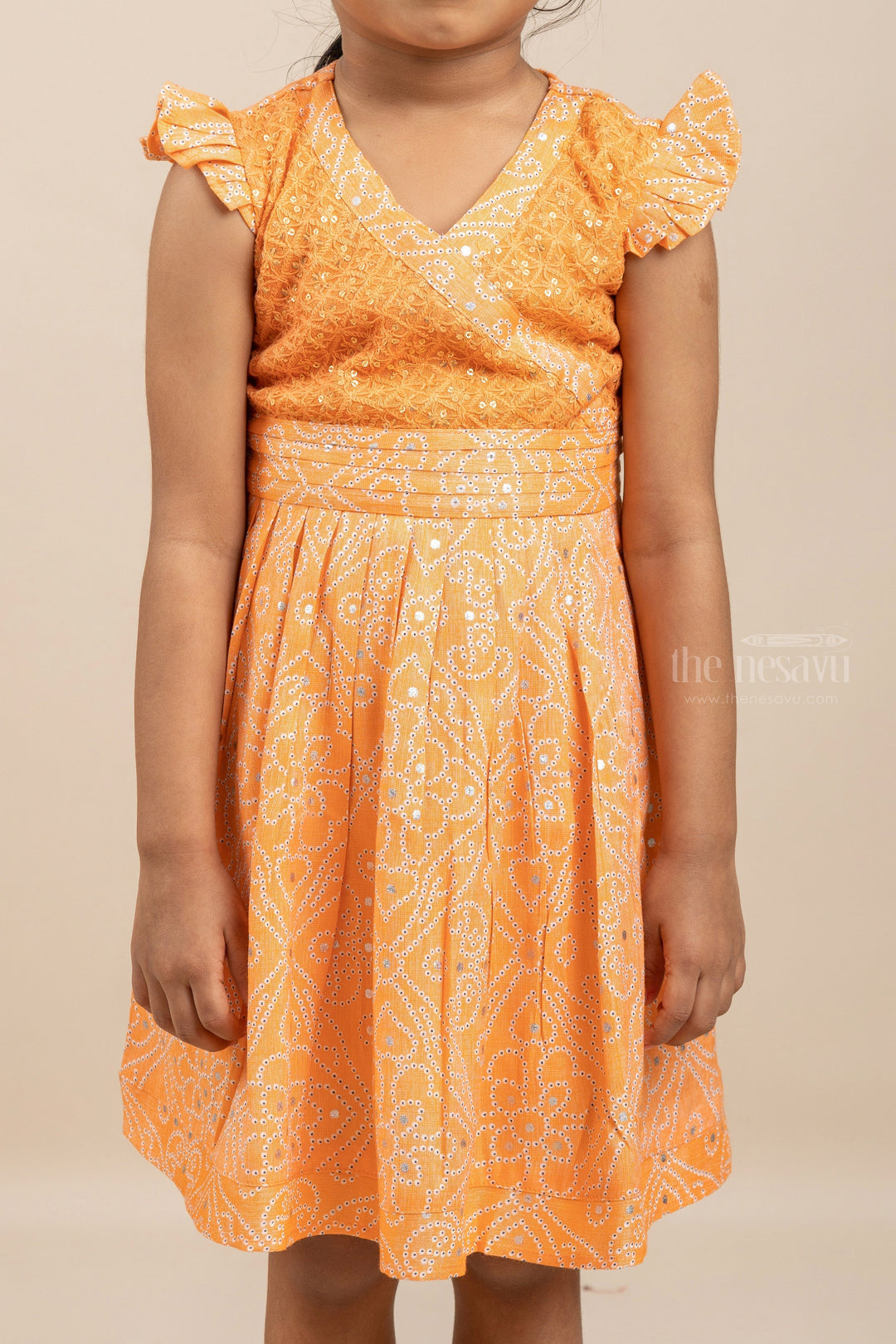 The Nesavu Girls Fancy Frock Mustard Is A Must - Fancy Frock With Bandhani Activated Designs Nesavu Latest Girls Cotton Frock Design| Cotton Frock| The Nesavu