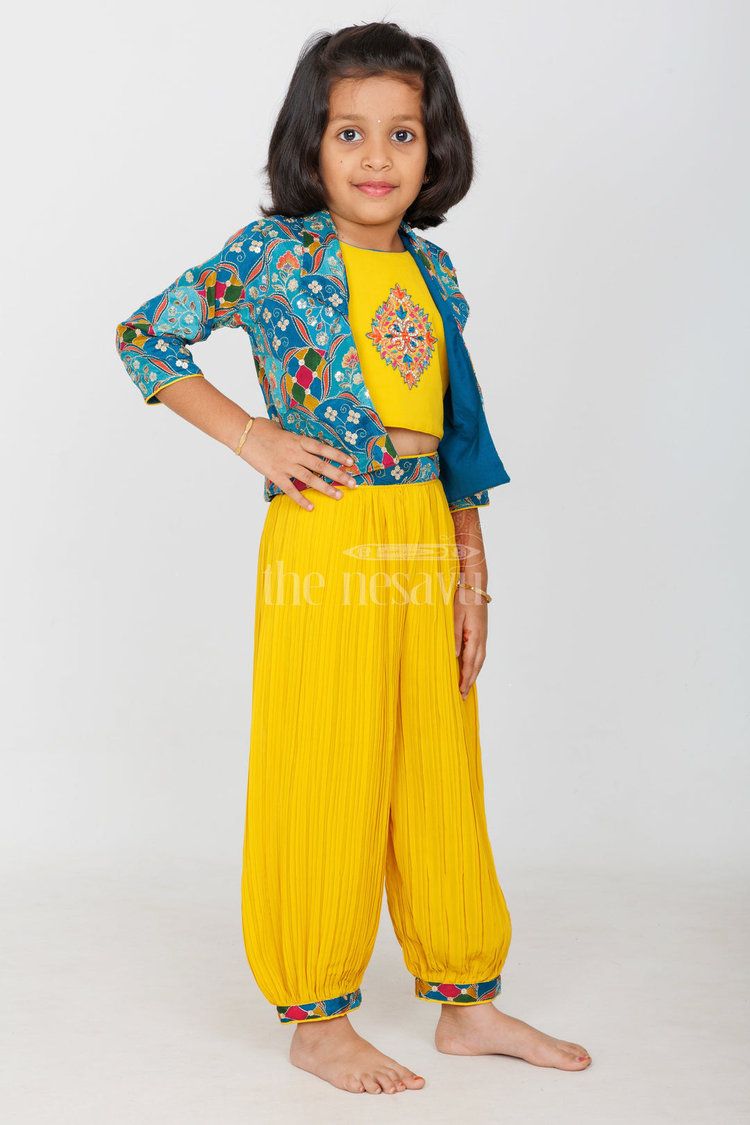 The Nesavu Girls Sharara / Plazo Set Mustard Patiala Sharara Set with Floral Embroidered Cropped Jacket for Girls Nesavu Nesavu Girls Mustard Patiala Sharara Set Cropped Floral Embroidered Jacket Festive Events