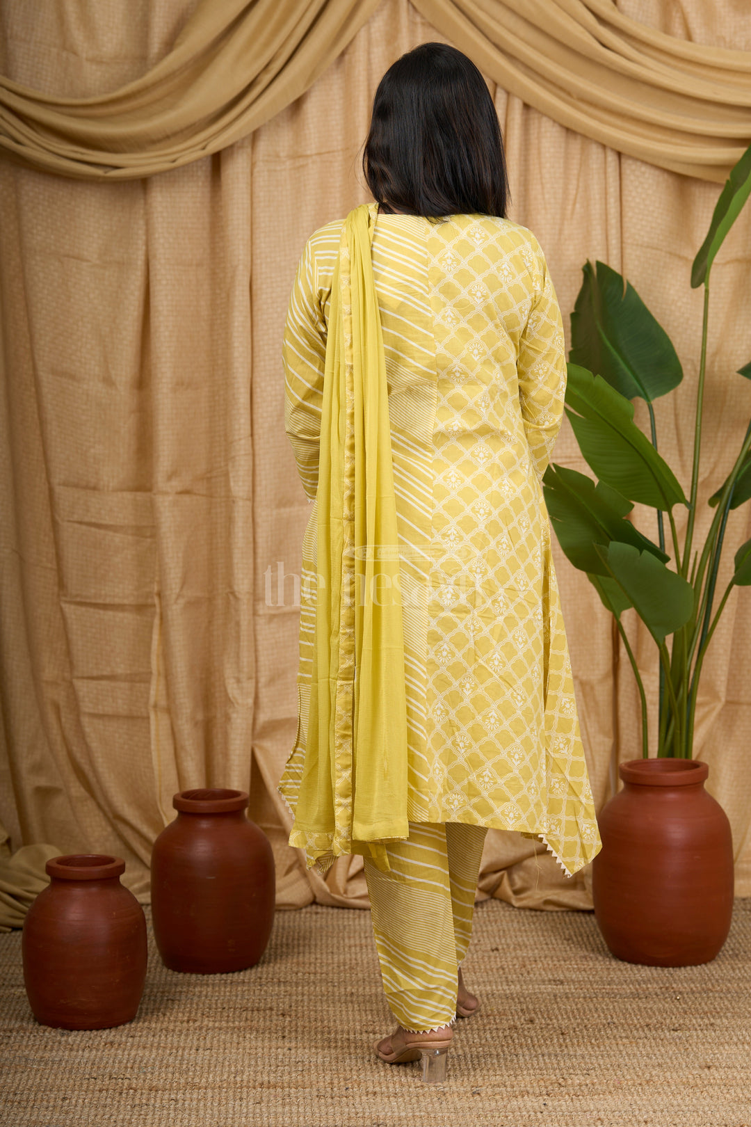 The Nesavu Womens Straight Suit Sets Mustard Yellow Cotton Kurti Set with Gold Floral Embroidery and Striped Dupatta for Women Nesavu Nesavu Mustard Yellow Cotton Kurti Set Gold Embroidery Coordinated Dupatta Women