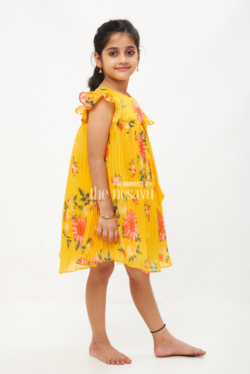 The Nesavu Girls Fancy Frock Mustard Yellow Georgette Floral Pleated Frock for Girls Nesavu