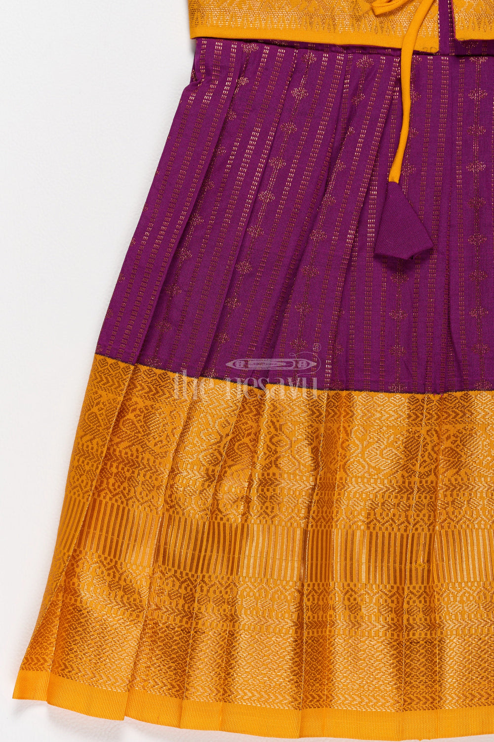 The Nesavu Girls Kanchi Silk Frock Mustard Yellow Girls Kanchi Pongal Dress with Brocade Accents and Zari Borders Nesavu Nesavus Mustard Yellow Kanchi Silk Pongal Dress Brocade Yoke Zari Borders