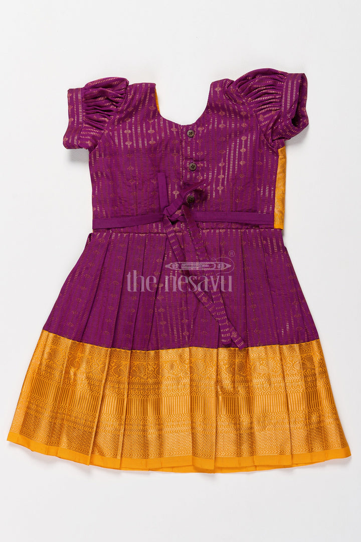 The Nesavu Girls Kanchi Silk Frock Mustard Yellow Girls Kanchi Pongal Dress with Brocade Accents and Zari Borders Nesavu Nesavus Mustard Yellow Kanchi Silk Pongal Dress Brocade Yoke Zari Borders