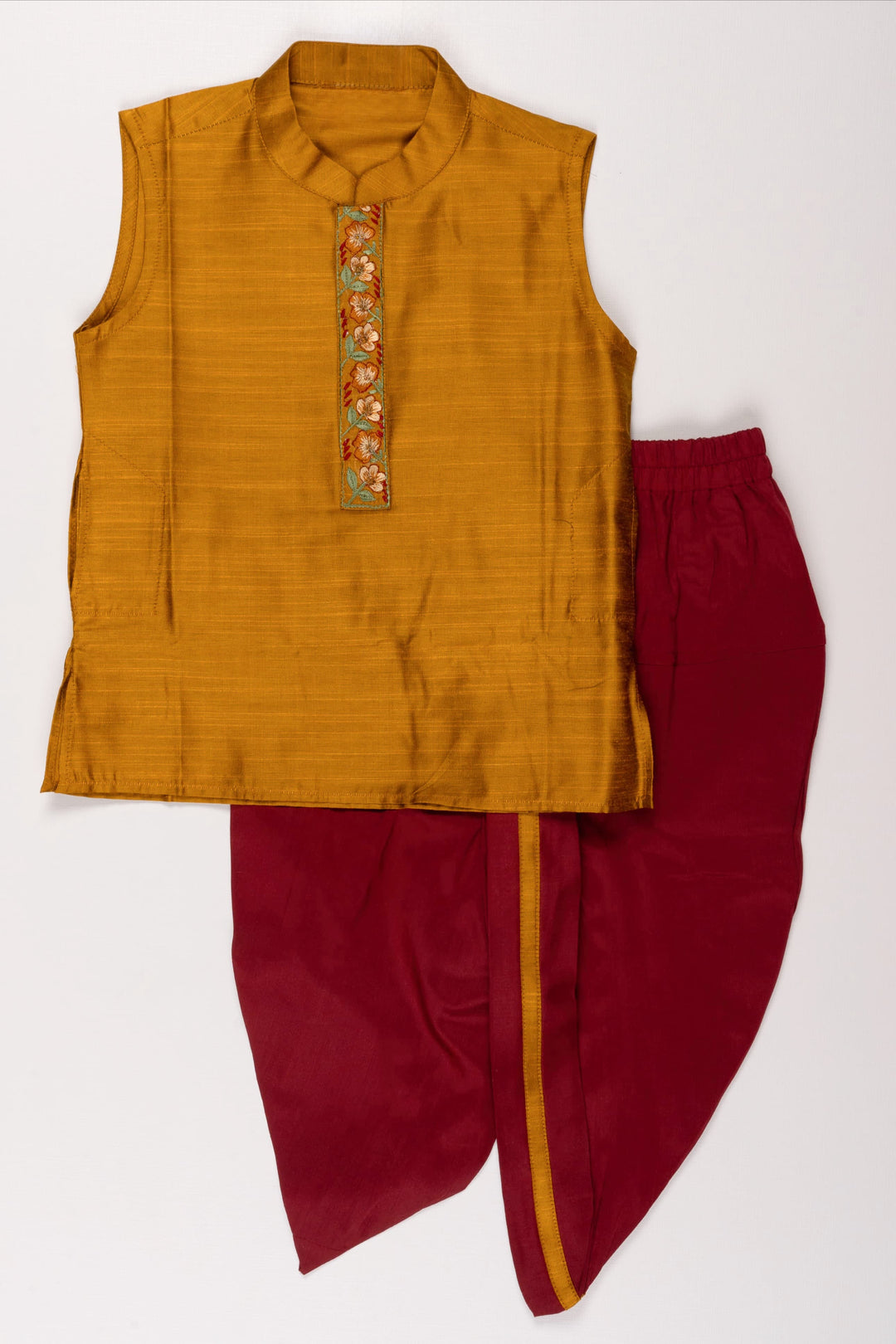 The Nesavu Boys Dothi Set Mustard Yellow Kurta and Maroon Dhoti Set for Boys - Traditional Festive Ensemble Nesavu 12 (3M) / Yellow / Silk Blend BES476A-12 Boys' Mustard Yellow & Maroon Ethnic Kurta Dhoti Set | Festive Traditional Wear | The Nesavu