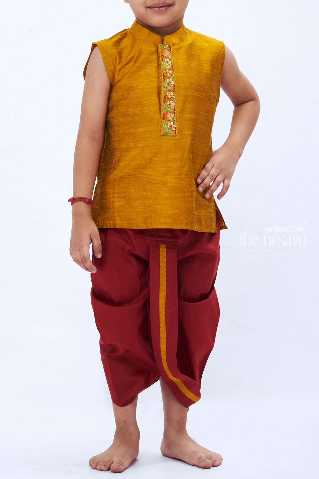 The Nesavu Boys Dothi Set Mustard Yellow Kurta and Maroon Dhoti Set for Boys - Traditional Festive Ensemble Nesavu Boys' Mustard Yellow & Maroon Ethnic Kurta Dhoti Set | Festive Traditional Wear | The Nesavu