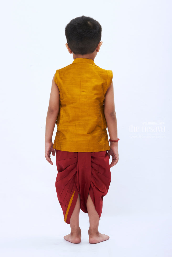 The Nesavu Boys Dothi Set Mustard Yellow Kurta and Maroon Dhoti Set for Boys - Traditional Festive Ensemble Nesavu Boys' Mustard Yellow & Maroon Ethnic Kurta Dhoti Set | Festive Traditional Wear | The Nesavu