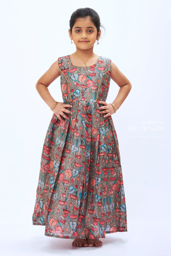 The Nesavu Girls Silk Gown Mystical Garden: Coral Jacket with Grey Kalamkari Printed Anarkali Gown Nesavu Full-length Anarkali Gown with Jacket | Grey Kalamkari Anarkali | Ethereal Traditional Ensemble | The Nesavu