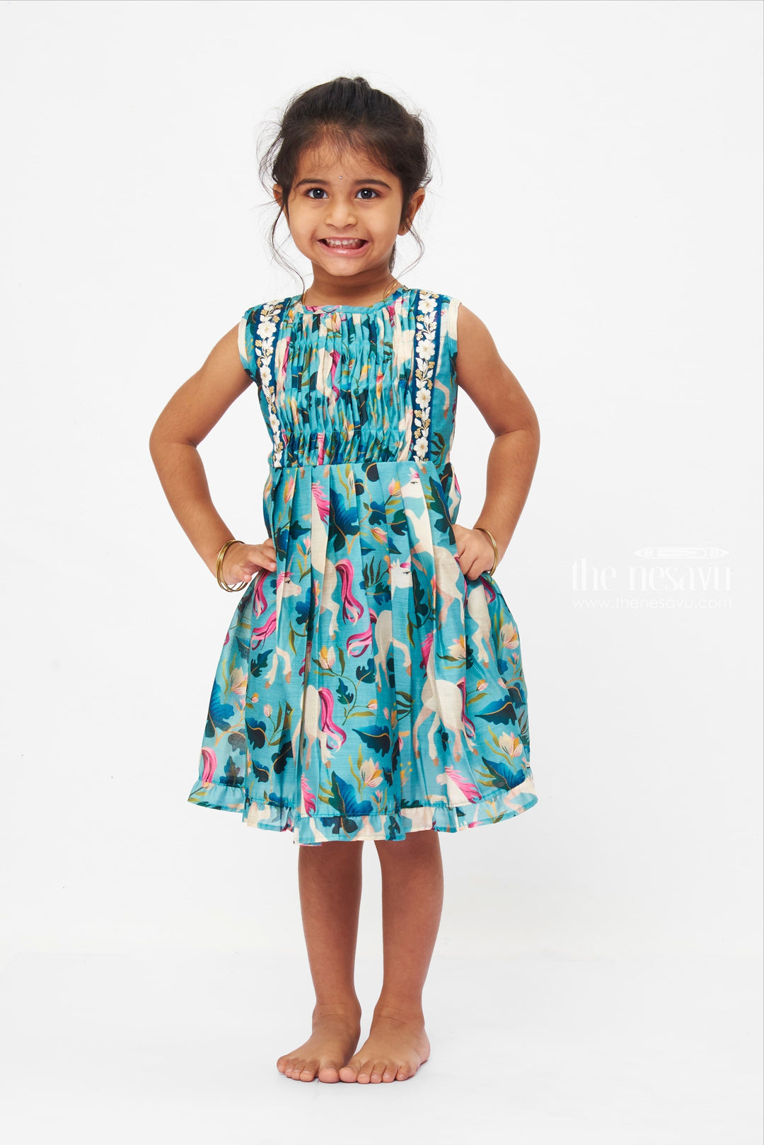 The Nesavu Girls Cotton Frock Mystical Mare Cotton Dress: Enchanted Equine Print Frock with Floral Lace Trim Nesavu 12 (3M) / Blue GFC1195A-12 Girls Enchanted Horse Print Dress | Teal Floral Lace Cotton Frock | Whimsical Ruffle Hem | The Nesavu