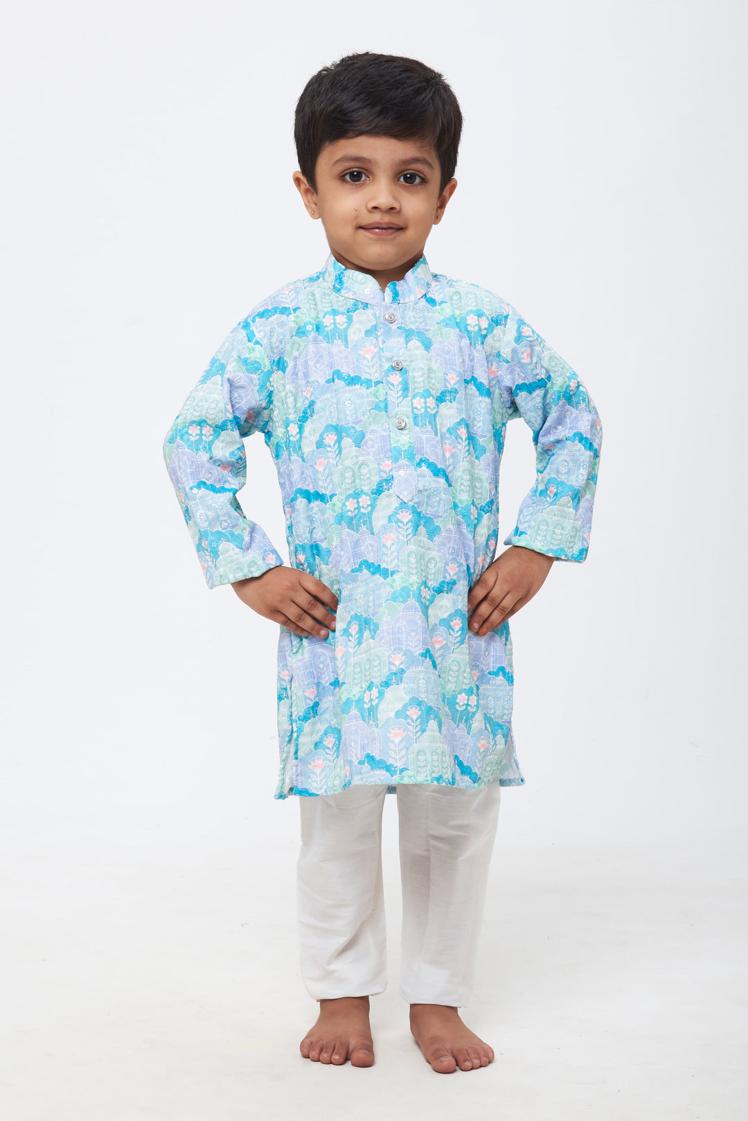 The Nesavu Boys Kurtha Set Mystical Meadows: Boys' Pastel-Toned Printed Kurta with Ivory Pant Set Nesavu 12 (3M) / Green / Silk Blend BES420A-12 Boys Refined Kurta with Pant | Ideal for Special Occasions & Festivities | The Nesavu