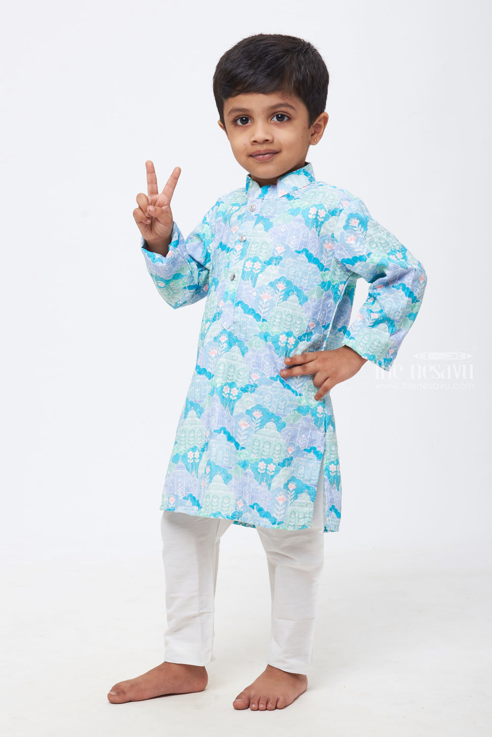 The Nesavu Boys Kurtha Set Mystical Meadows: Boys' Pastel-Toned Printed Kurta with Ivory Pant Set Nesavu Boys Refined Kurta with Pant | Ideal for Special Occasions & Festivities | The Nesavu