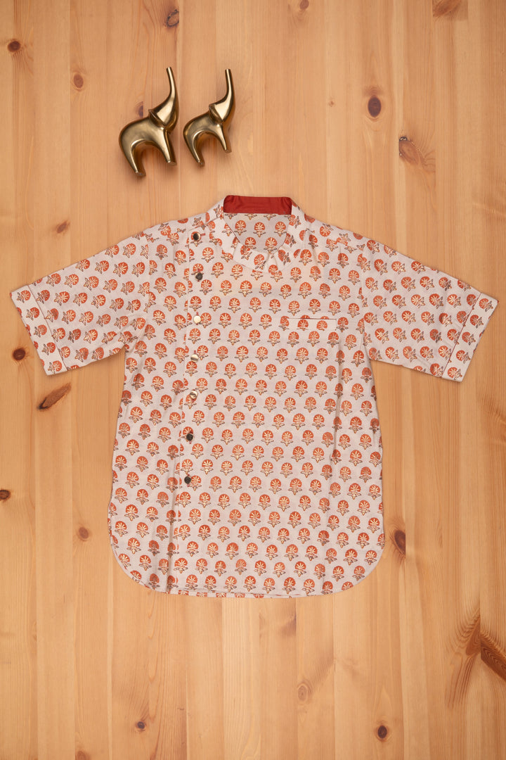 The Nesavu Boys Linen Shirt Natural Blossom: Boys Beige Cotton Shirt with Floral Prints, Mandarin Collar Nesavu Boys Cotton Shirt | Latest Design Side Button Closure | The Nesavu