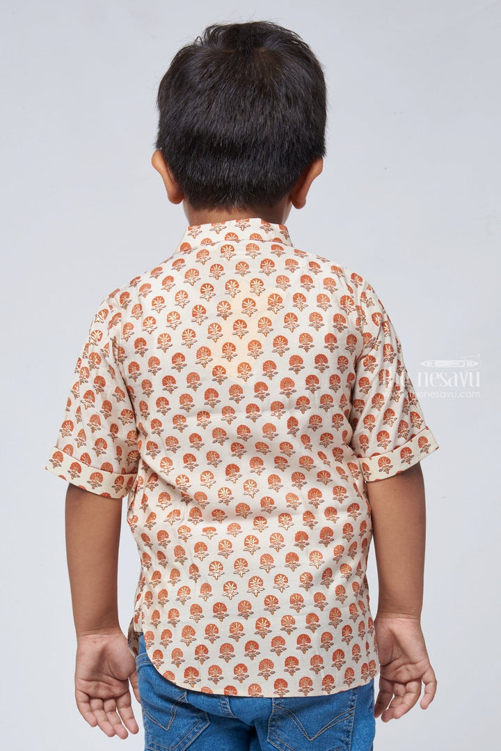 The Nesavu Boys Linen Shirt Natural Blossom: Boys Beige Cotton Shirt with Floral Prints, Mandarin Collar Nesavu Boys Cotton Shirt | Latest Design Side Button Closure | The Nesavu