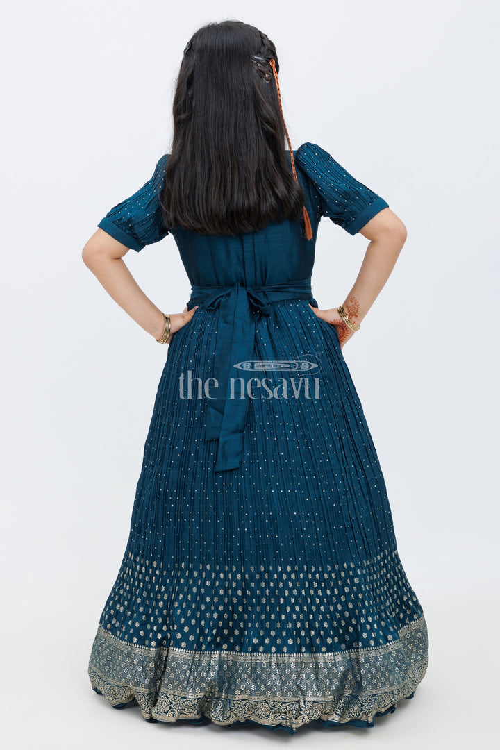 The Nesavu Girls Silk Gown Navy Blue Blend Silk Designer Gown with Gold Foil Print Nesavu Navy Blue Blend Silk Designer Gown with Gold Foil Print - Nesavu