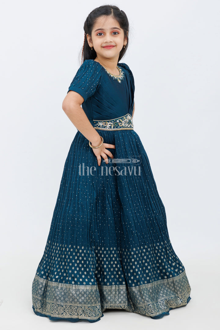 The Nesavu Girls Silk Gown Navy Blue Blend Silk Designer Gown with Gold Foil Print Nesavu Navy Blue Blend Silk Designer Gown with Gold Foil Print - Nesavu