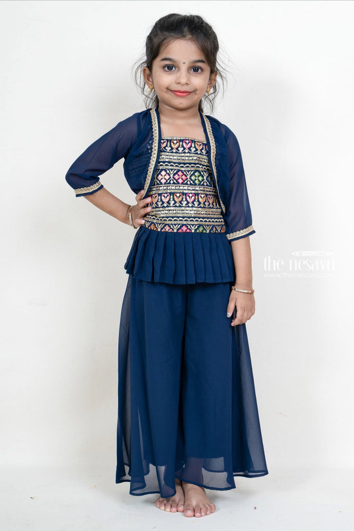 The Nesavu Girls Sharara / Plazo Set Navy Blue Girls Embroidery Festive Palazzo Suit With Crepe Overcoat Nesavu 18 (2Y) / Blue GPS098A-18 Shop Girls Pleated Dresses With Overcoat | Peplum Blouse Designs | The Nesavu