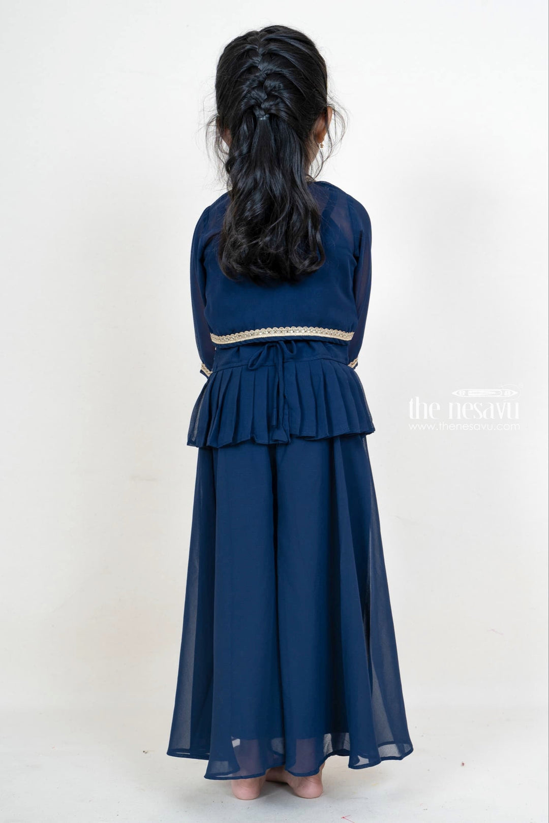 The Nesavu Girls Sharara / Plazo Set Navy Blue Girls Embroidery Festive Palazzo Suit With Crepe Overcoat Nesavu Shop Girls Pleated Dresses With Overcoat | Peplum Blouse Designs | The Nesavu