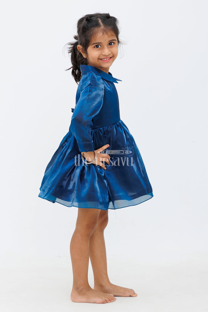 The Nesavu Girls Fancy Party Frock Navy Blue Glaze Organza Bishop Sleeve Party Dress with Cutaway Collar for Girls Nesavu Navy Blue Glaze Organza Bishop Sleeve Party Dress for Girls Nesavu