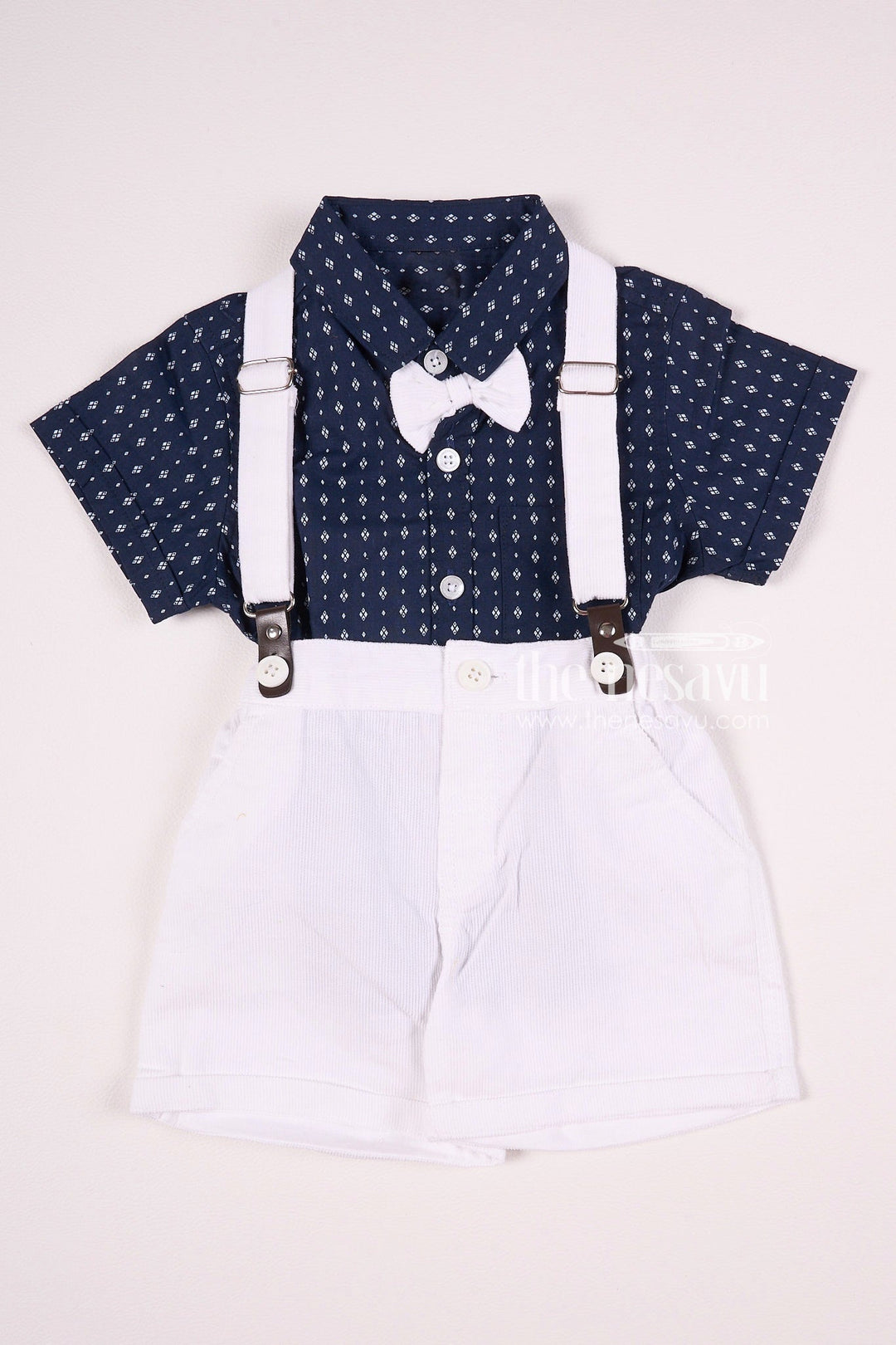 The Nesavu Baby Rompers/Onesies Navy Bow Tie Suspender Baby Boy Outfit Nesavu 10 (NB) / Blue BCS044A-10 Navy Bow Tie Suspender Baby Boy Outfit - Stylish & Elegant