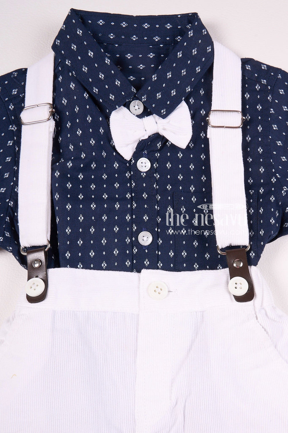 The Nesavu Baby Rompers/Onesies Navy Bow Tie Suspender Baby Boy Outfit Nesavu Navy Bow Tie Suspender Baby Boy Outfit - Stylish & Elegant