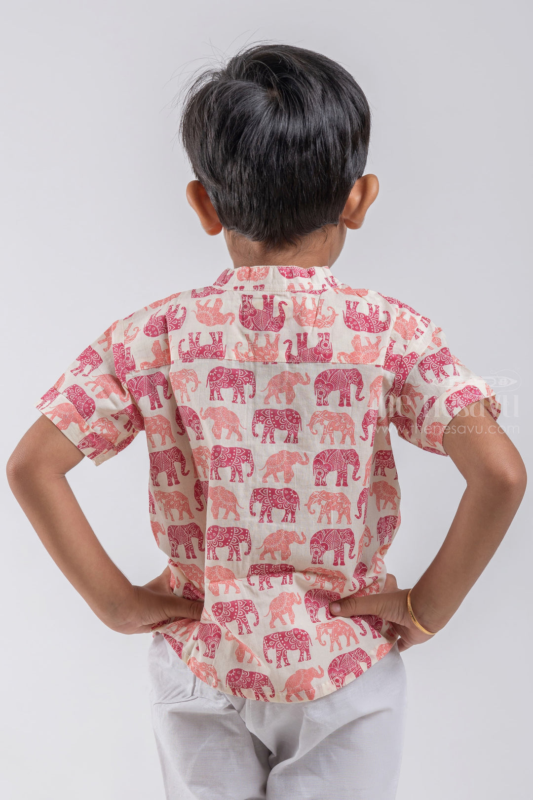 The Nesavu Boys Cotton Shirt Nesavu Fancy Elephant Design Printed Half White Cotton Shirt for Boys psr silks Nesavu